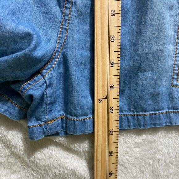 Dollhouse Blue‎ Denim Romper Shortalls Women M Distress Utility Roll Tab Sleeve - Picture 10 of 11